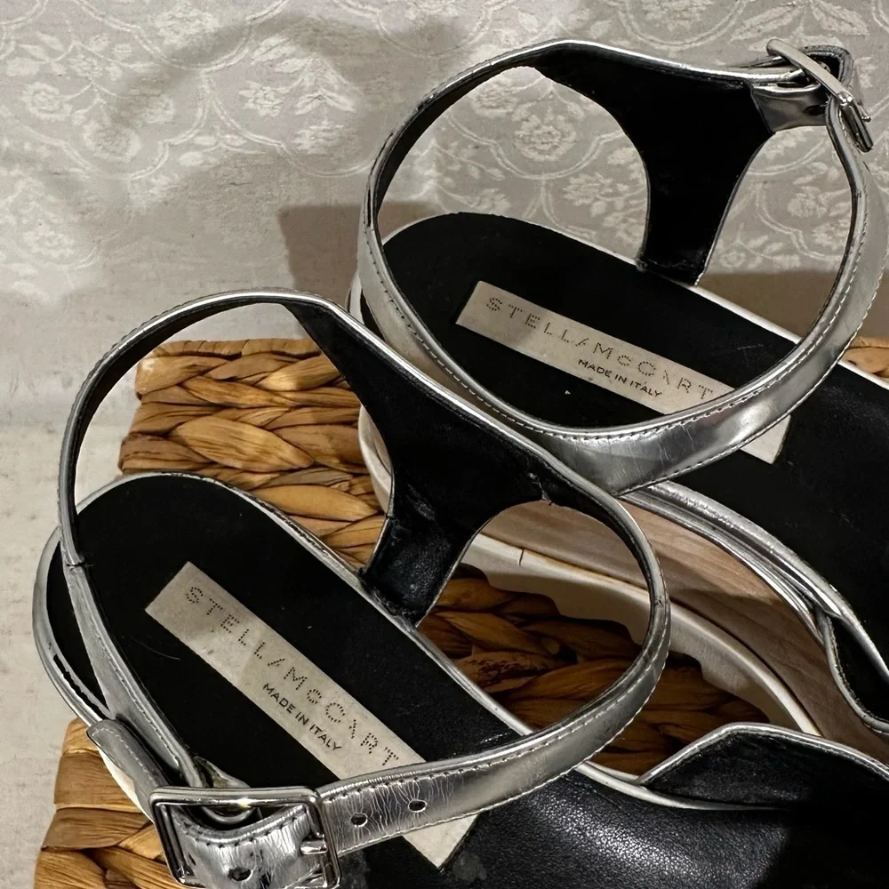 Stella McCartney Elyse Indium Star Platform Sandals Silver Metallic Size 36.5